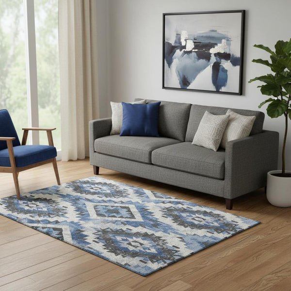 HomeRoots 5' X 8' Southwestern Area Rug in Blue, Charcoal & Ivory – Washable, UV-Protected, Stylish & Durable 706591