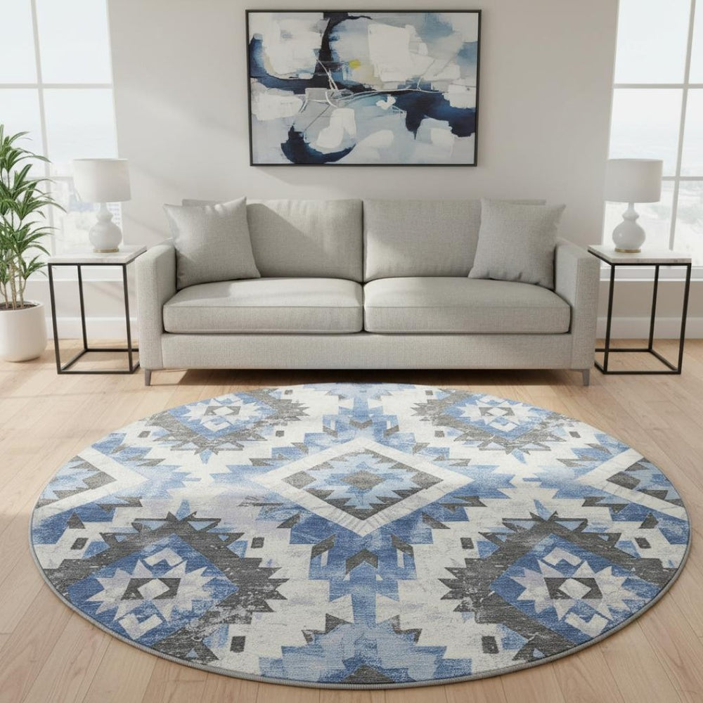 HomeRoots 8' Southwestern Washable Round Rug in Blue, Charcoal & Ivory – UV Protected, Stain-Resistant Design 706592