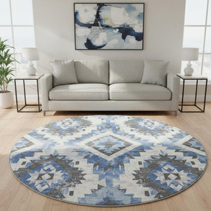 HomeRoots 8' Southwestern Washable Round Rug in Blue, Charcoal & Ivory – UV Protected, Stain-Resistant Design 706592