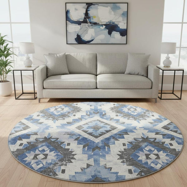 HomeRoots 8' Southwestern Washable Round Rug in Blue, Charcoal & Ivory – UV Protected, Stain-Resistant Design 706592