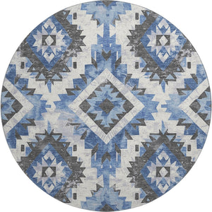 HomeRoots 8' Southwestern Washable Round Rug in Blue, Charcoal & Ivory – UV Protected, Stain-Resistant Design 706592
