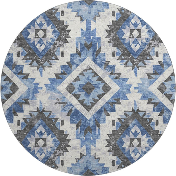 HomeRoots 8' Southwestern Washable Round Rug in Blue, Charcoal & Ivory – UV Protected, Stain-Resistant Design 706592