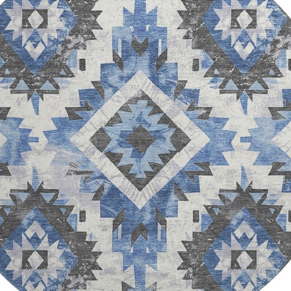 HomeRoots 8' Southwestern Washable Round Rug in Blue, Charcoal & Ivory – UV Protected, Stain-Resistant Design 706592