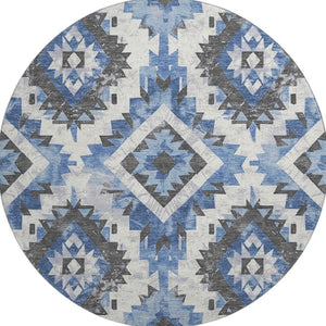 HomeRoots 8' Southwestern Washable Round Rug in Blue, Charcoal & Ivory – UV Protected, Stain-Resistant Design 706592