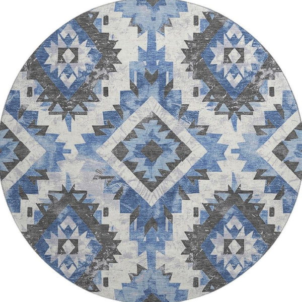 HomeRoots 8' Southwestern Washable Round Rug in Blue, Charcoal & Ivory – UV Protected, Stain-Resistant Design 706592