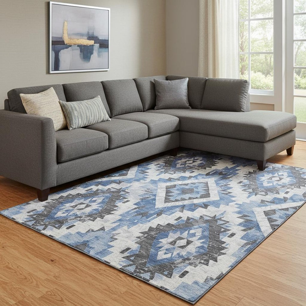 HomeRoots 8' X 10' Southwestern Blue Charcoal Ivory Washable Area Rug with UV Protection & Non-Slip Backing 706593