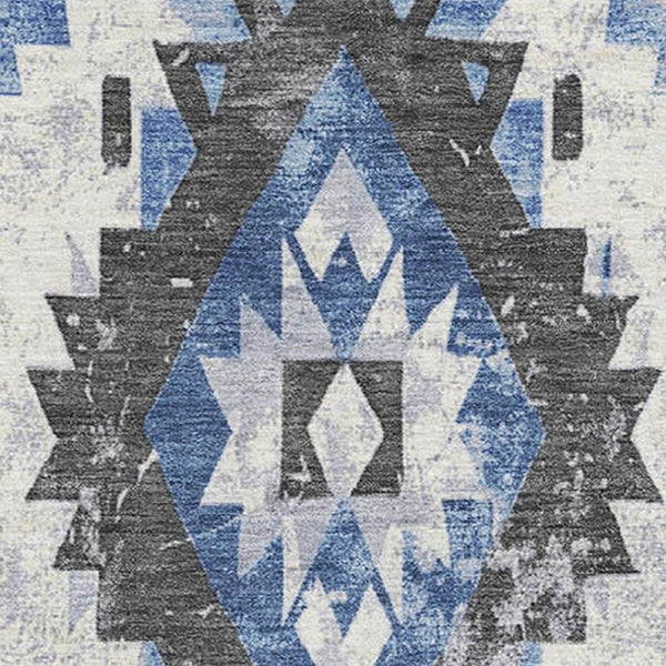 HomeRoots 8' X 10' Southwestern Blue Charcoal Ivory Washable Area Rug with UV Protection & Non-Slip Backing 706593