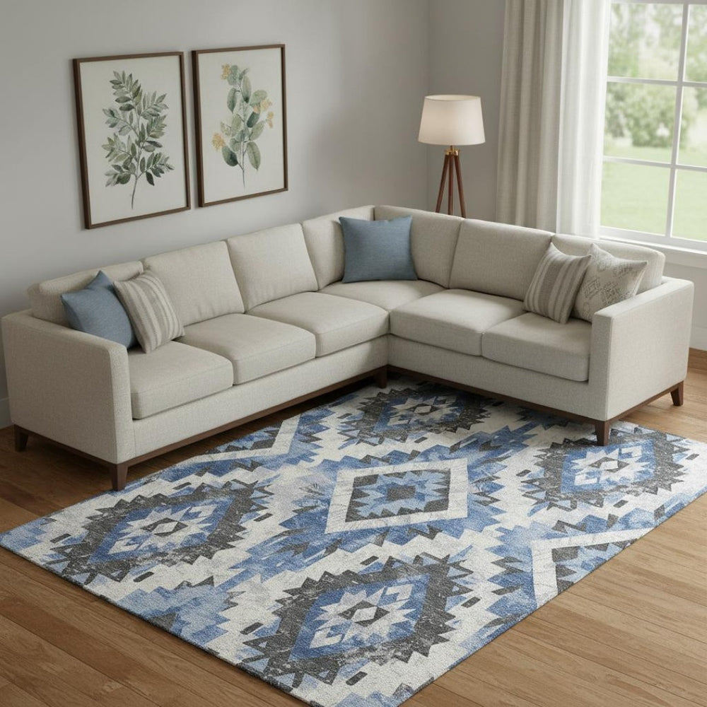 HomeRoots 9' X 12' Southwestern Washable Area Rug – Stylish Blue, Charcoal, Ivory Design with UV Protection! 706594