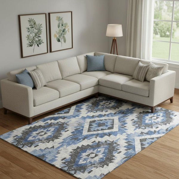 HomeRoots 9' X 12' Southwestern Washable Area Rug – Stylish Blue, Charcoal, Ivory Design with UV Protection! 706594