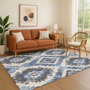 HomeRoots 9' X 12' Southwestern Washable Area Rug – Stylish Blue, Charcoal, Ivory Design with UV Protection! 706594