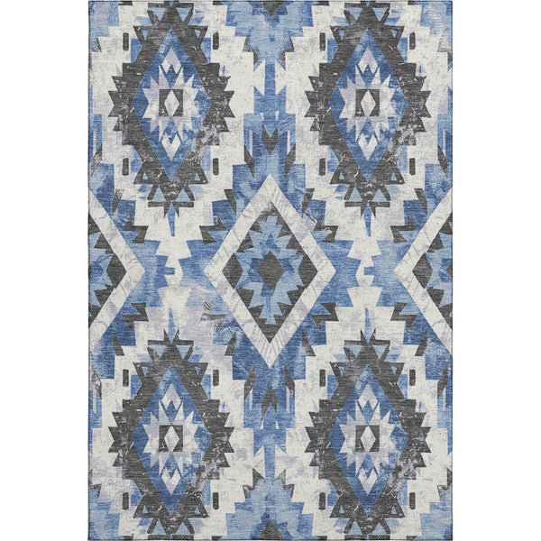 HomeRoots 9' X 12' Southwestern Washable Area Rug – Stylish Blue, Charcoal, Ivory Design with UV Protection! 706594