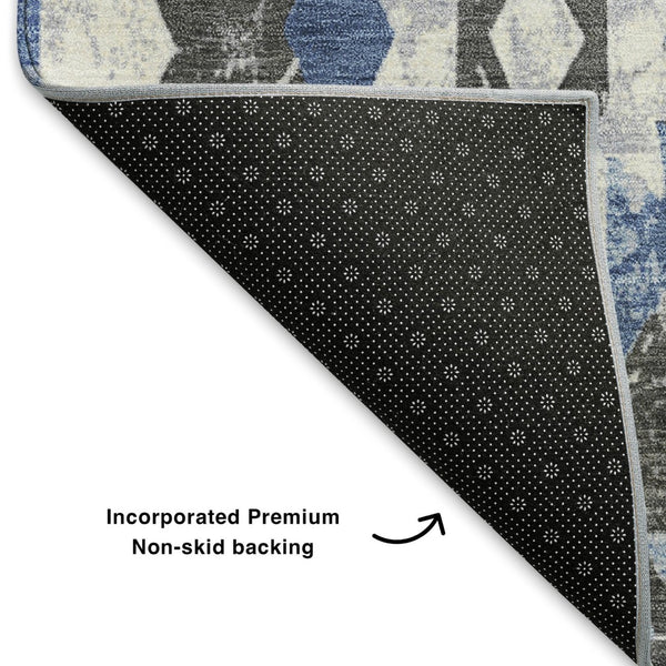 HomeRoots 9' X 12' Southwestern Washable Area Rug – Stylish Blue, Charcoal, Ivory Design with UV Protection! 706594