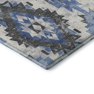 HomeRoots 9' X 12' Southwestern Washable Area Rug – Stylish Blue, Charcoal, Ivory Design with UV Protection! 706594