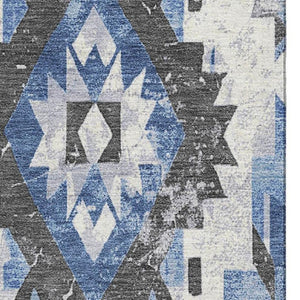 HomeRoots 9' X 12' Southwestern Washable Area Rug – Stylish Blue, Charcoal, Ivory Design with UV Protection! 706594