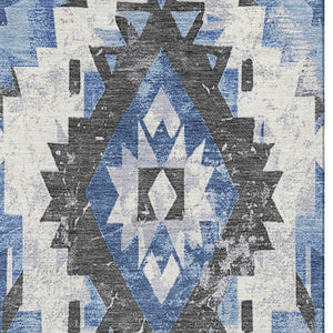 HomeRoots 9' X 12' Southwestern Washable Area Rug – Stylish Blue, Charcoal, Ivory Design with UV Protection! 706594