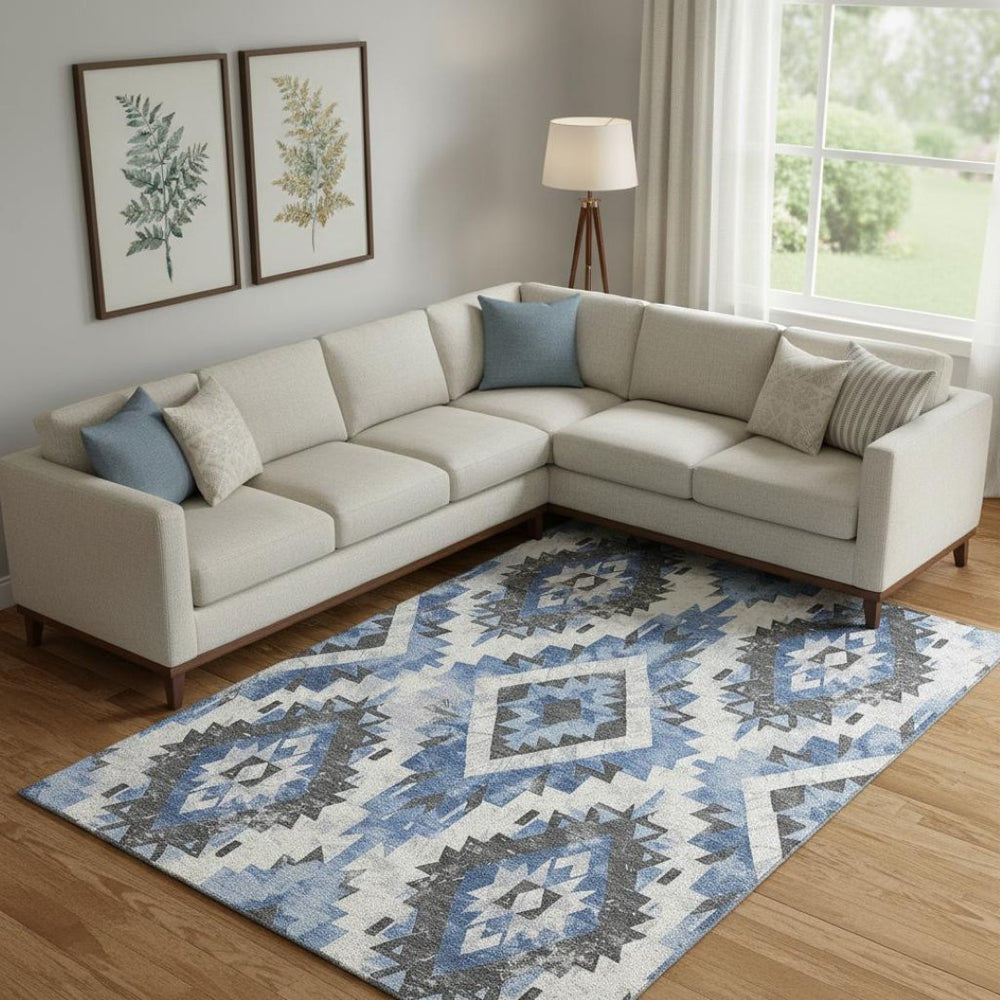 HomeRoots 10' Southwestern Area Rug in Blue, Charcoal & Ivory - Washable, Stain Resistant & UV Protected Design! 706595