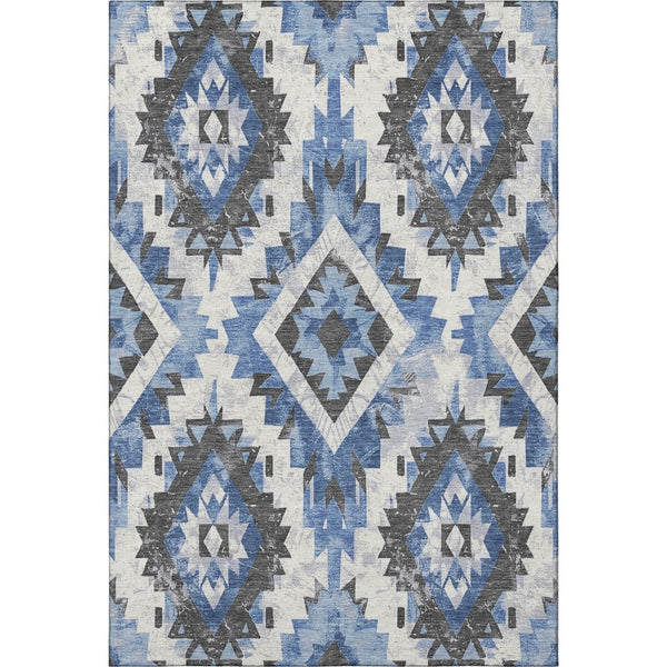 HomeRoots 10' Southwestern Area Rug in Blue, Charcoal & Ivory - Washable, Stain Resistant & UV Protected Design! 706595