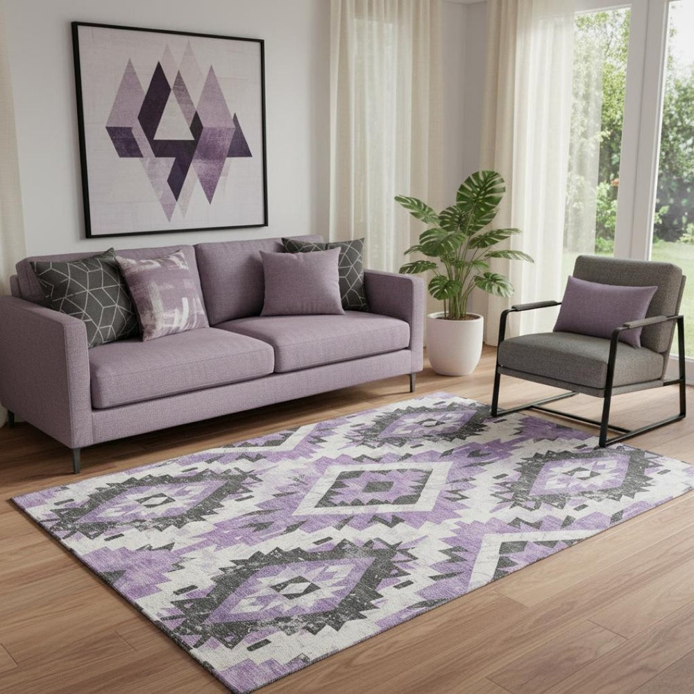 HomeRoots 5' X 8' Southwestern Area Rug in Purple, Charcoal & Ivory - Washable, UV-Protected & Non-Slip! 706597