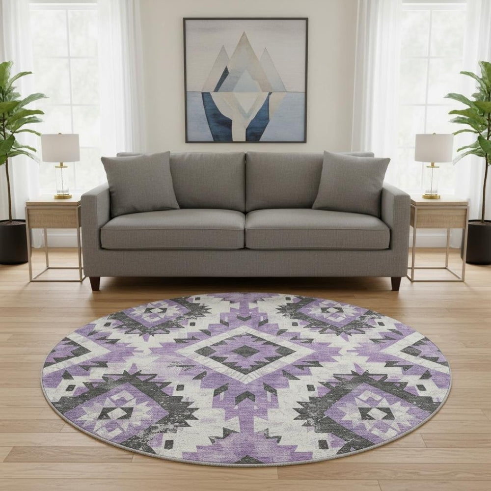 HomeRoots 8' Vibrant Southwestern Washable Round Rug in Purple, Charcoal & Ivory with UV Protection & Durability 706598