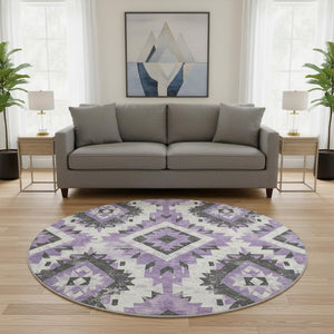 HomeRoots 8' Vibrant Southwestern Washable Round Rug in Purple, Charcoal & Ivory with UV Protection & Durability 706598