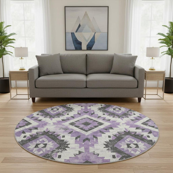 HomeRoots 8' Vibrant Southwestern Washable Round Rug in Purple, Charcoal & Ivory with UV Protection & Durability 706598