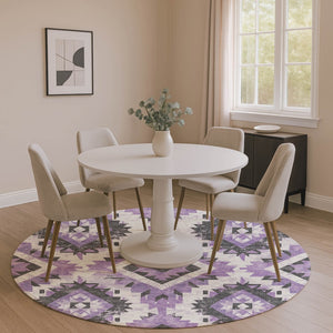 HomeRoots 8' Vibrant Southwestern Washable Round Rug in Purple, Charcoal & Ivory with UV Protection & Durability 706598