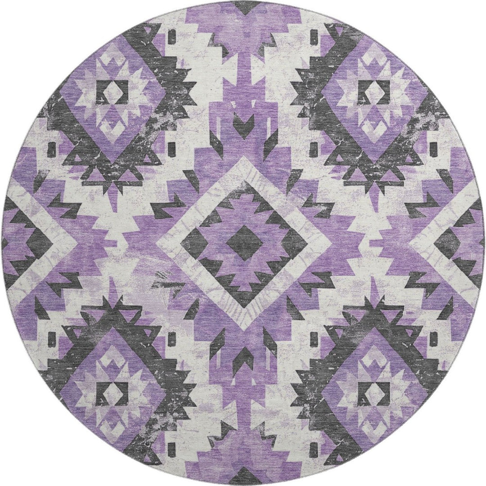 HomeRoots 8' Vibrant Southwestern Washable Round Rug in Purple, Charcoal & Ivory with UV Protection & Durability 706598
