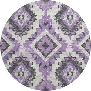 HomeRoots 8' Vibrant Southwestern Washable Round Rug in Purple, Charcoal & Ivory with UV Protection & Durability 706598