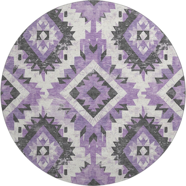 HomeRoots 8' Vibrant Southwestern Washable Round Rug in Purple, Charcoal & Ivory with UV Protection & Durability 706598