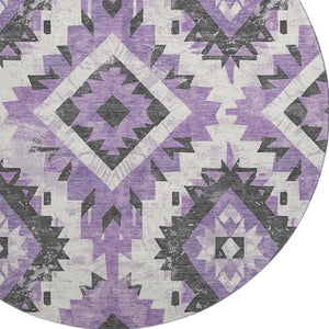HomeRoots 8' Vibrant Southwestern Washable Round Rug in Purple, Charcoal & Ivory with UV Protection & Durability 706598