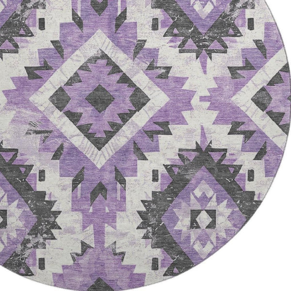 HomeRoots 8' Vibrant Southwestern Washable Round Rug in Purple, Charcoal & Ivory with UV Protection & Durability 706598