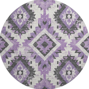 HomeRoots 8' Vibrant Southwestern Washable Round Rug in Purple, Charcoal & Ivory with UV Protection & Durability 706598