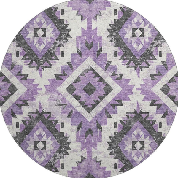 HomeRoots 8' Vibrant Southwestern Washable Round Rug in Purple, Charcoal & Ivory with UV Protection & Durability 706598