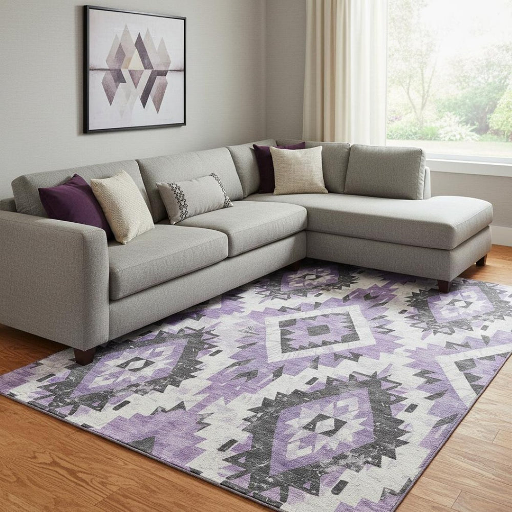HomeRoots 8' X 10' Southwestern Washable Area Rug in Purple, Charcoal & Ivory - UV Protected & Durable Design 706599