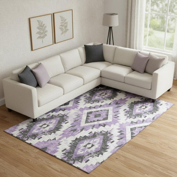 HomeRoots 9' X 12' Southwestern Area Rug in Purple, Charcoal & Ivory - Durable, Washable, UV Protected Style 706600