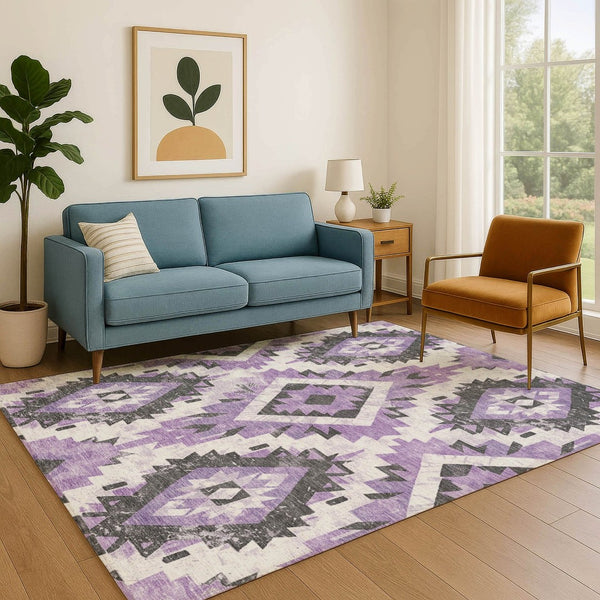 HomeRoots 9' X 12' Southwestern Area Rug in Purple, Charcoal & Ivory - Durable, Washable, UV Protected Style 706600
