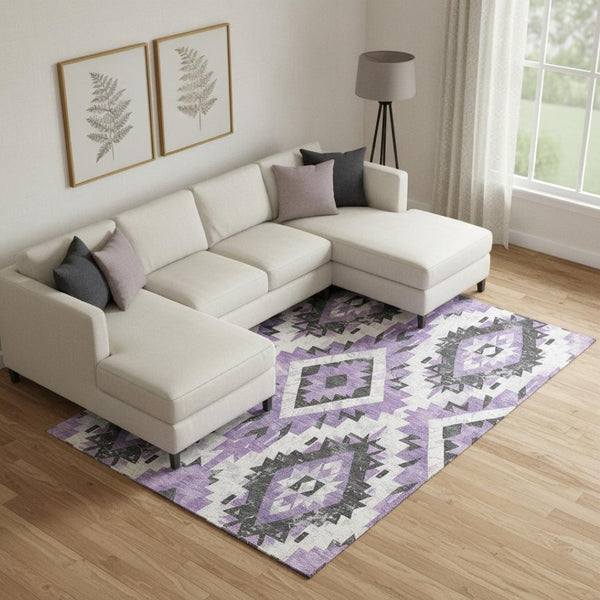 HomeRoots 10' X 14' Southwestern Washable Area Rug in Purple, Charcoal & Ivory - Durable, Stain Resistant Design 706601