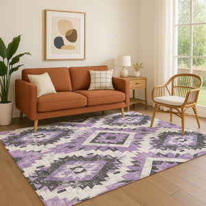 HomeRoots 10' X 14' Southwestern Washable Area Rug in Purple, Charcoal & Ivory - Durable, Stain Resistant Design 706601