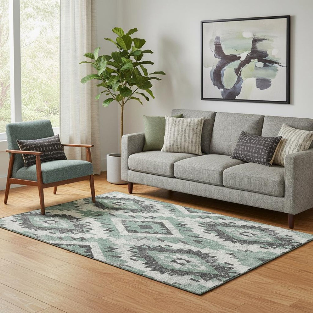 HomeRoots 5' X 8' Pale Aqua Southwestern Area Rug with Charcoal & Ivory Design - Washable, UV Protected, Durable 706603