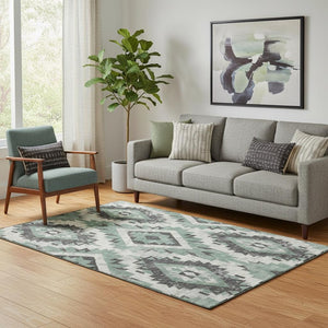 HomeRoots 5' X 8' Pale Aqua Southwestern Area Rug with Charcoal & Ivory Design - Washable, UV Protected, Durable 706603