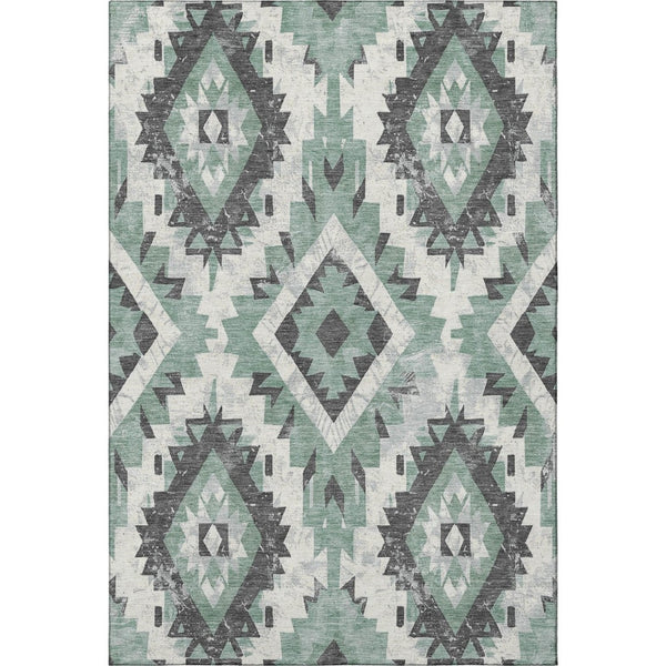 HomeRoots 5' X 8' Pale Aqua Southwestern Area Rug with Charcoal & Ivory Design - Washable, UV Protected, Durable 706603