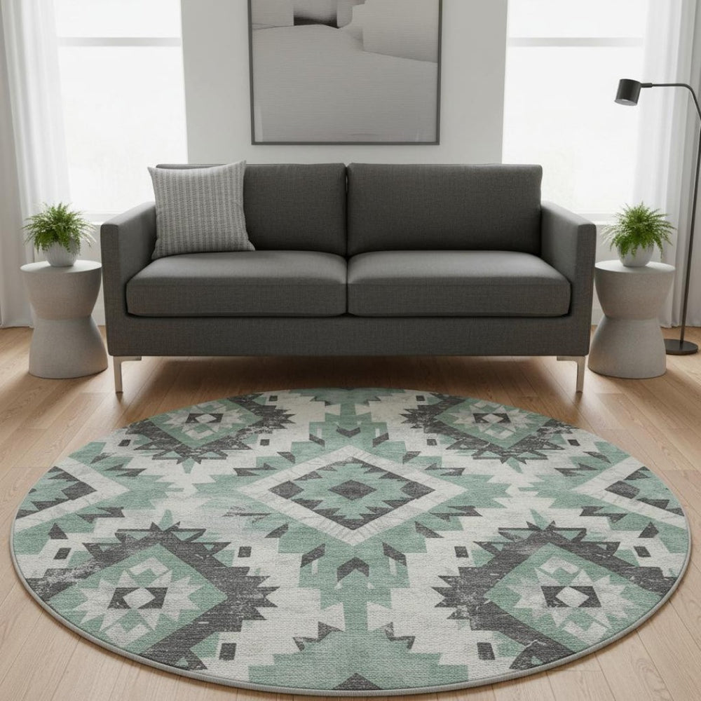 HomeRoots 8' Pale Aqua Southwestern Round Rug – Durable, Washable Design with UV Protection for Busy Homes 706604