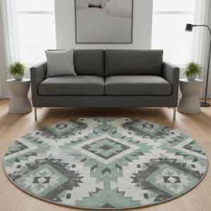 HomeRoots 8' Pale Aqua Southwestern Round Rug – Durable, Washable Design with UV Protection for Busy Homes 706604
