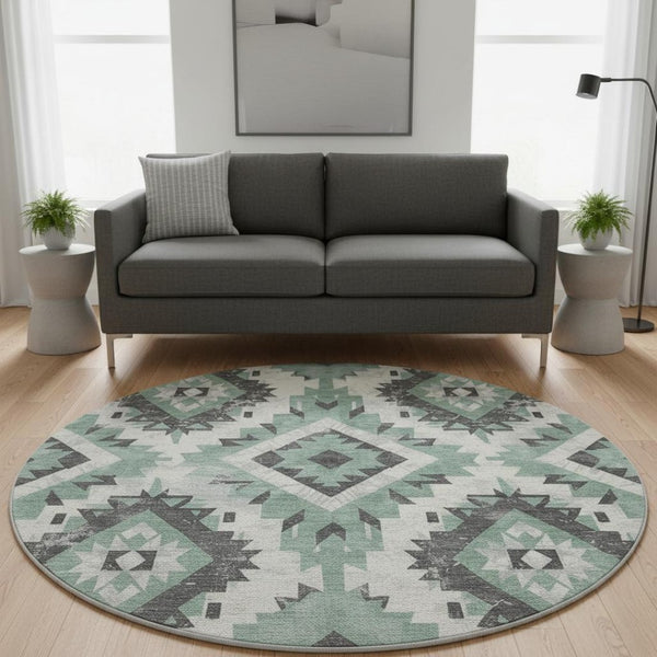 HomeRoots 8' Pale Aqua Southwestern Round Rug – Durable, Washable Design with UV Protection for Busy Homes 706604