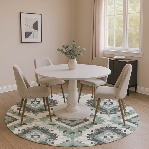 HomeRoots 8' Pale Aqua Southwestern Round Rug – Durable, Washable Design with UV Protection for Busy Homes 706604