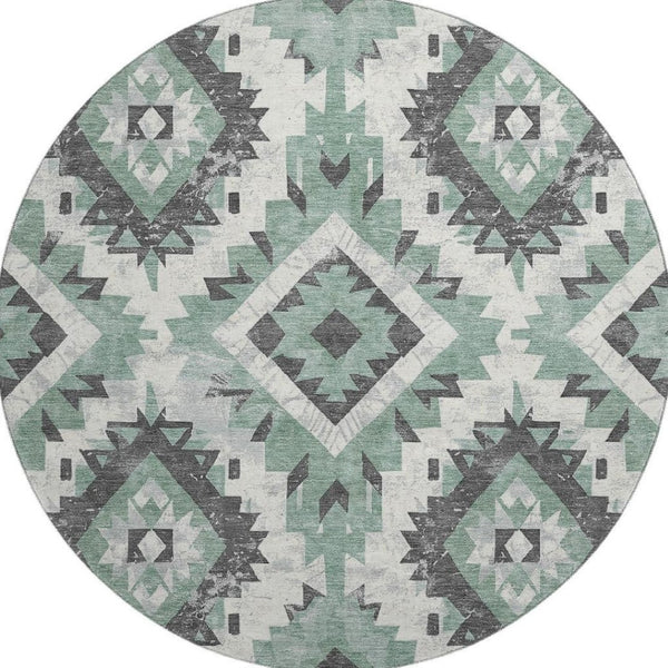 HomeRoots 8' Pale Aqua Southwestern Round Rug – Durable, Washable Design with UV Protection for Busy Homes 706604