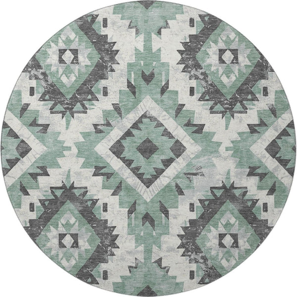 HomeRoots 8' Pale Aqua Southwestern Round Rug – Durable, Washable Design with UV Protection for Busy Homes 706604