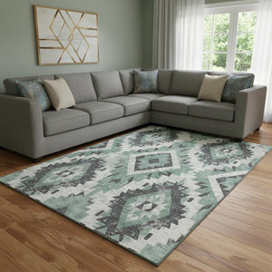 HomeRoots 8' X 10' Pale Aqua Charcoal Ivory Southwestern Rug - Washable, UV Protected, Pet-Friendly Design! 706605