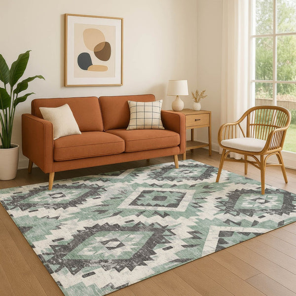HomeRoots 8' X 10' Pale Aqua Charcoal Ivory Southwestern Rug - Washable, UV Protected, Pet-Friendly Design! 706605