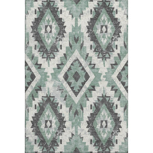 HomeRoots 8' X 10' Pale Aqua Charcoal Ivory Southwestern Rug - Washable, UV Protected, Pet-Friendly Design! 706605